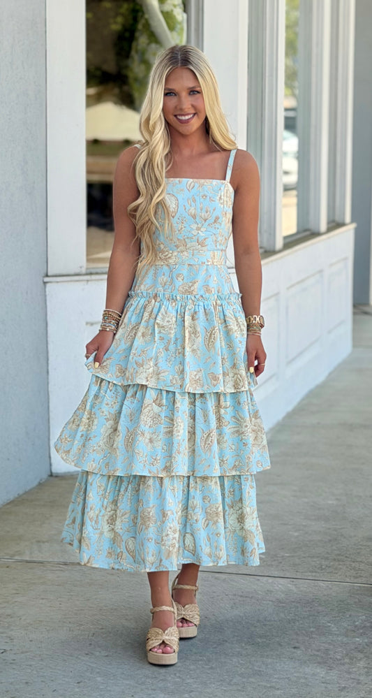 Floral Print Square Neck Tiered Ruffle Midi Dress