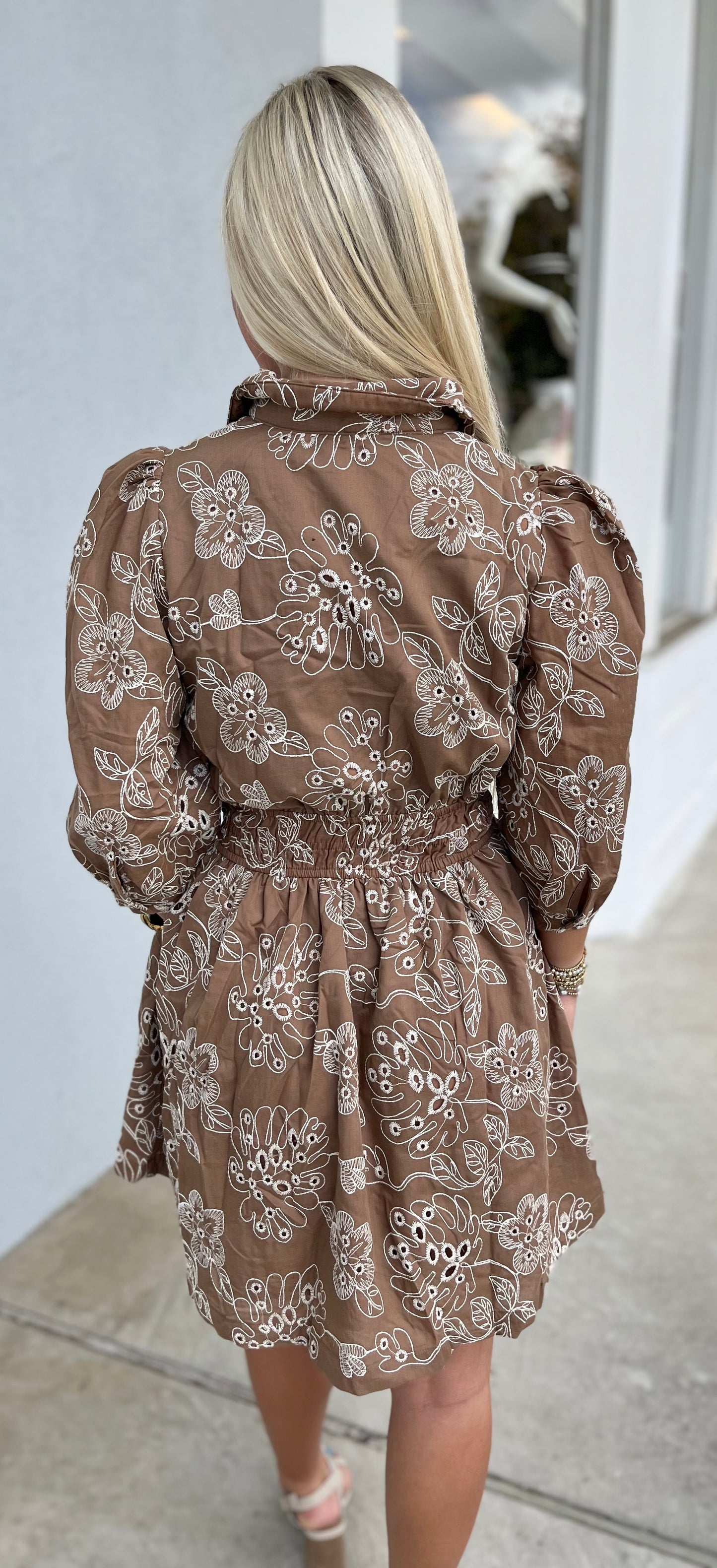 Brown Floral Print Elastic Waist Dress