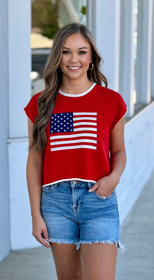 Red Rolled Hem Sleeveless Flag Top