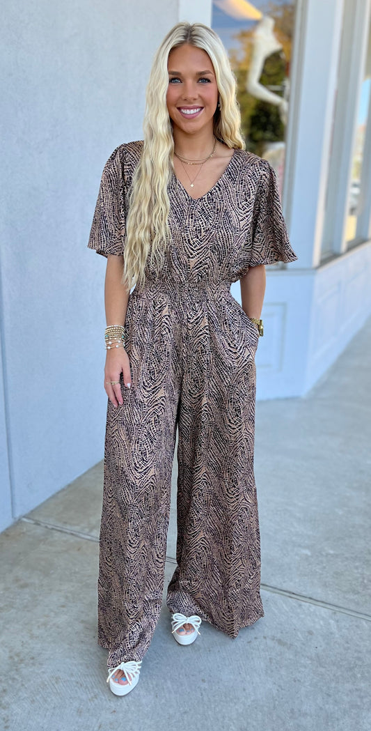 Flounce Sleeve Smock Waist Printed Jumpsuit