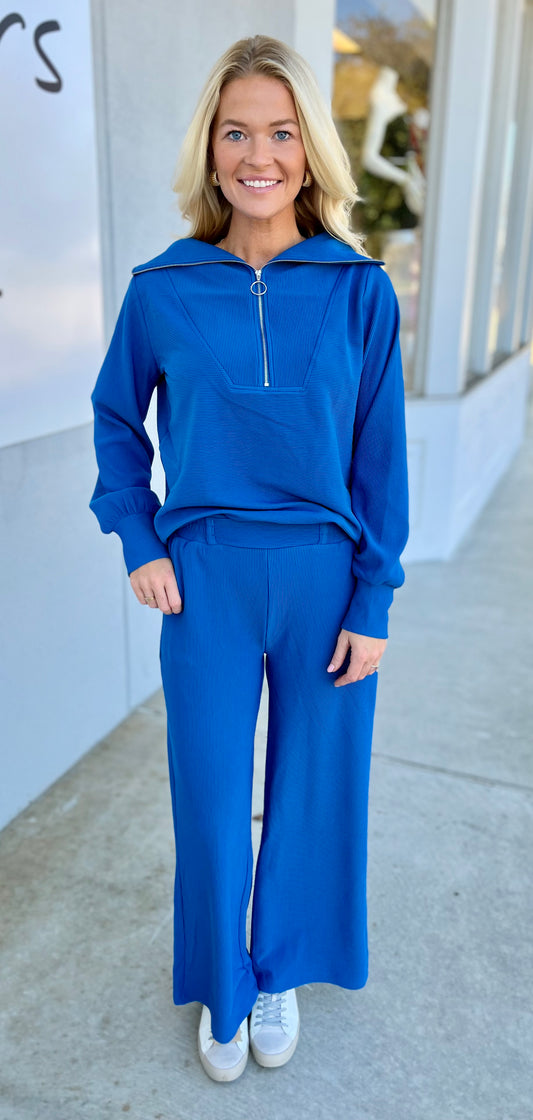 Ribbed High Neck Half Zip Top & Pants SET, Classic Blue