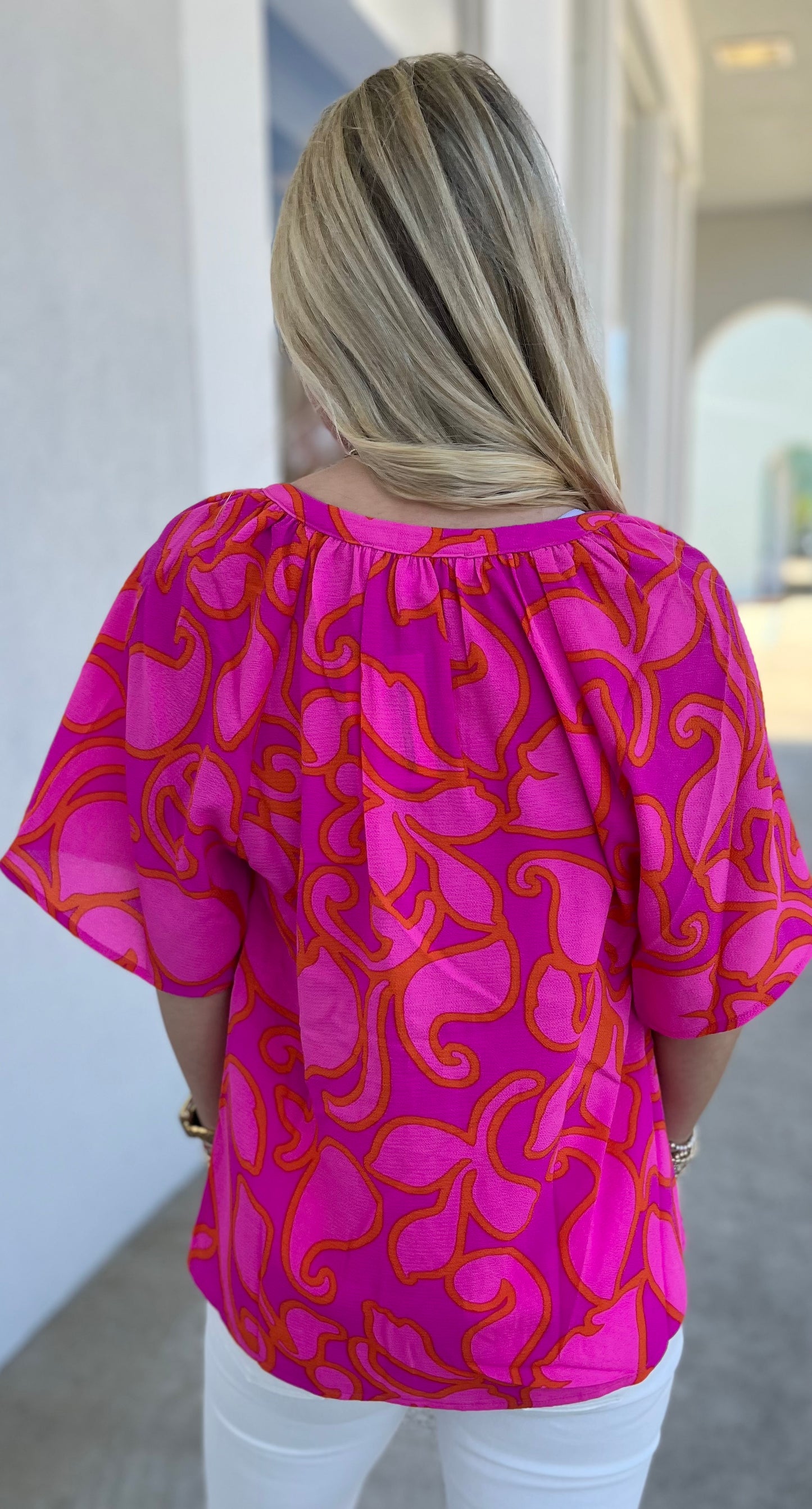Magenta Floral Tie Neck Blouse