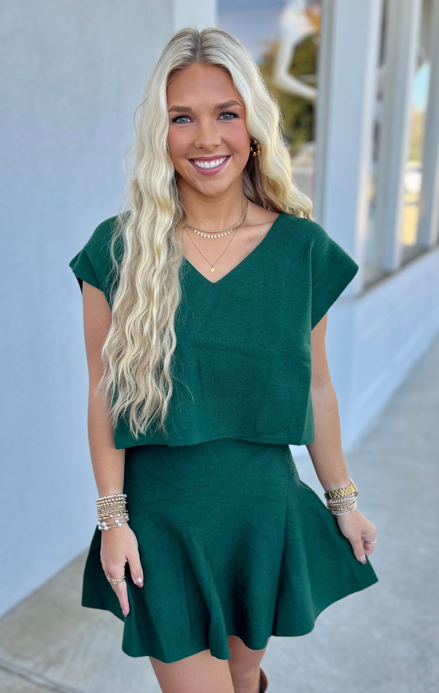 Forest Green Sleeveless V Neck Sweater & Mini Skirt SET