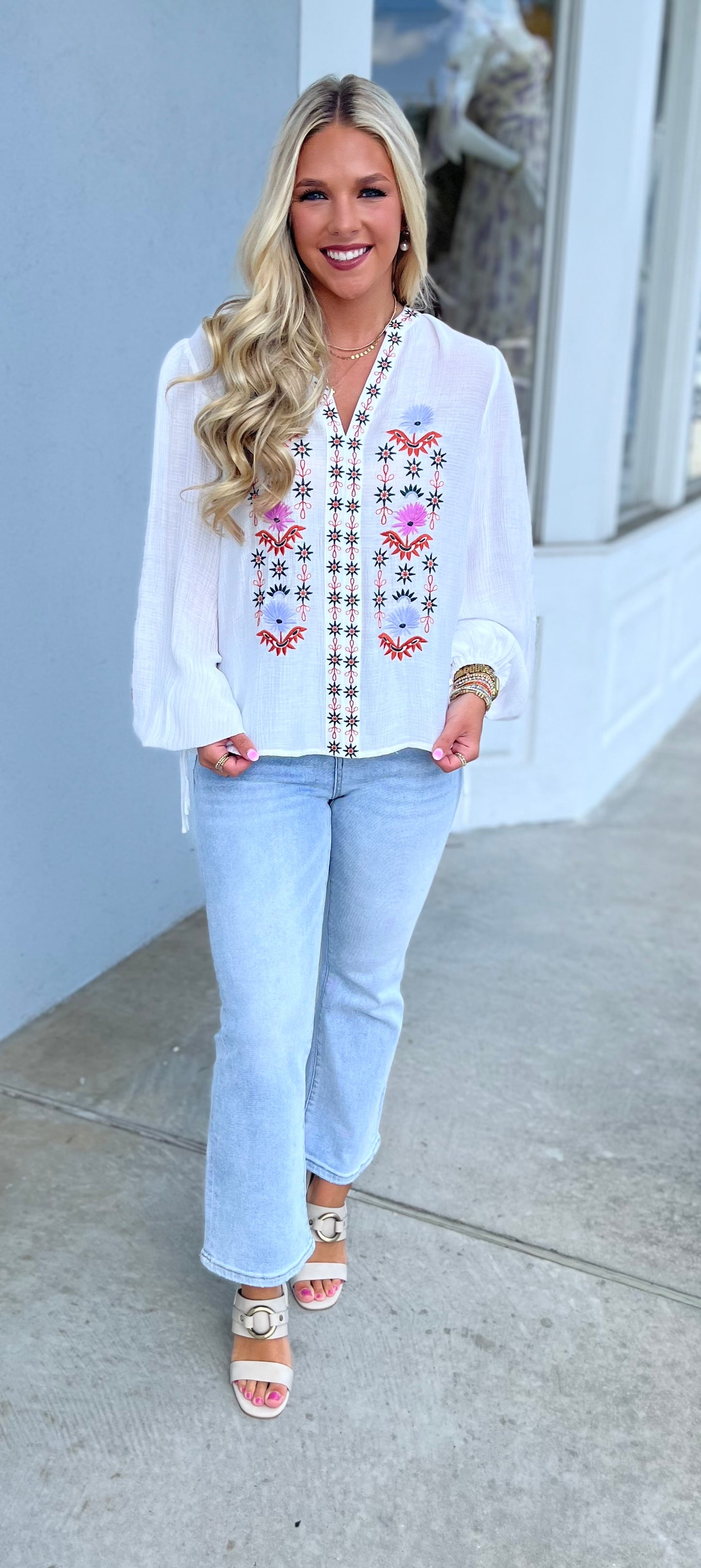 White Puff Sleeve Blouse With Embroidered Detail