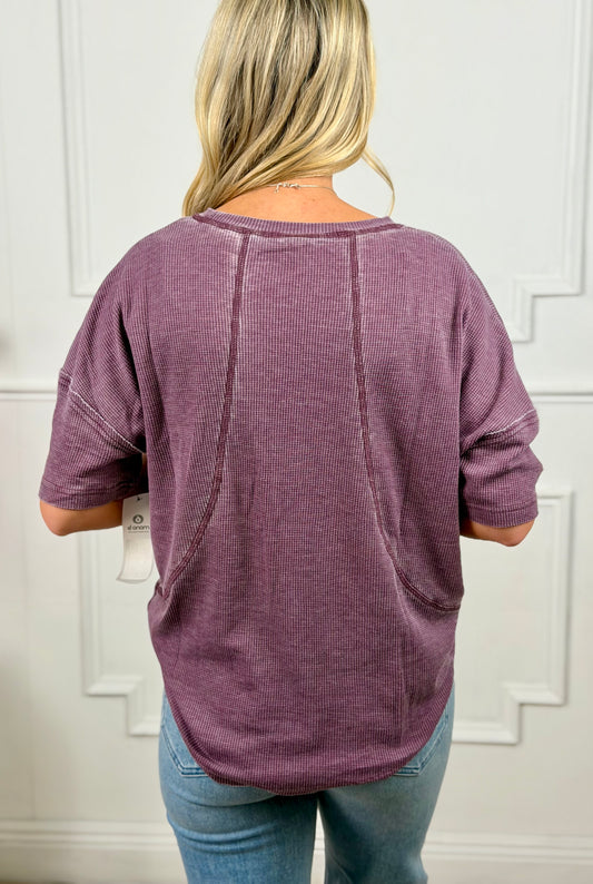 Cotton Blend Mineral Wash Waffle Top, Dark Plum