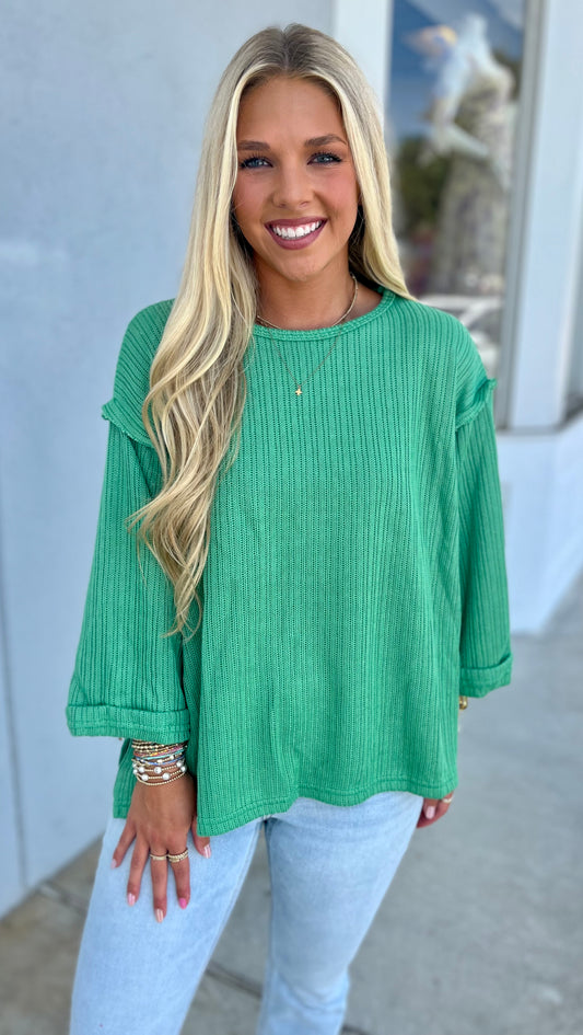 Folded Sleeve Knit Top , Green