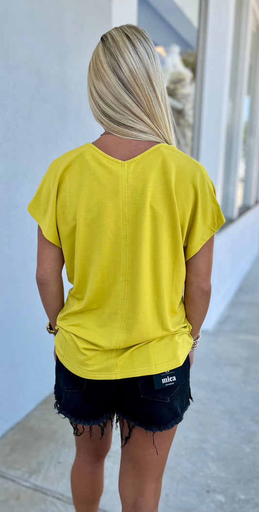 Solid V Neck Top , Honey Mustard