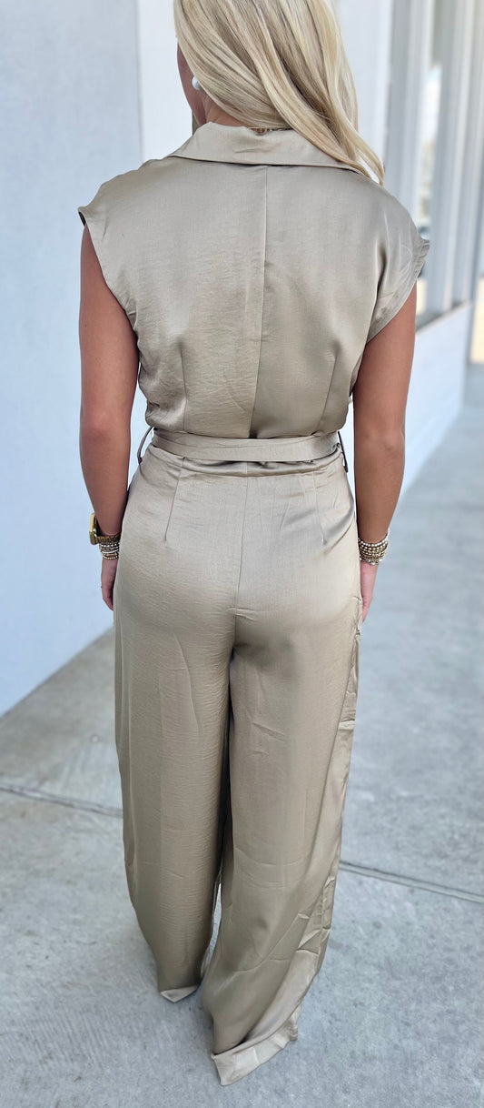 Taupe V Neck Knotted Jumpsuit