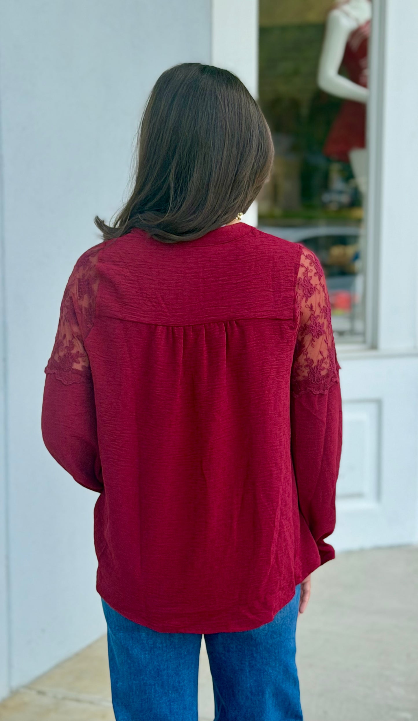 Lace Contrast Button Down Blouse, Maroon