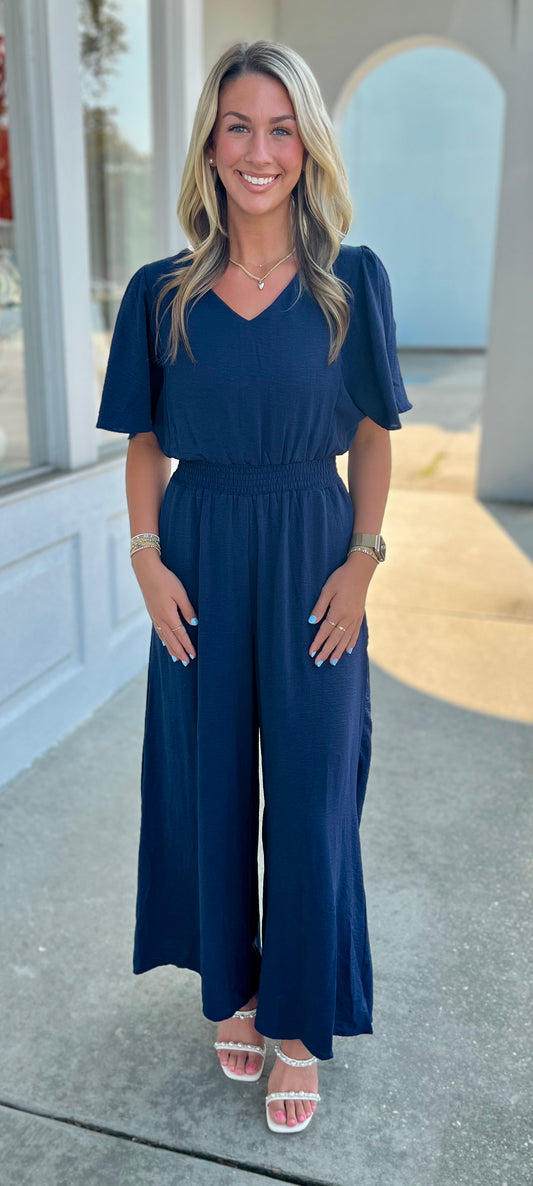 Smock Waist Wide Leg Jumpsuit , Navy