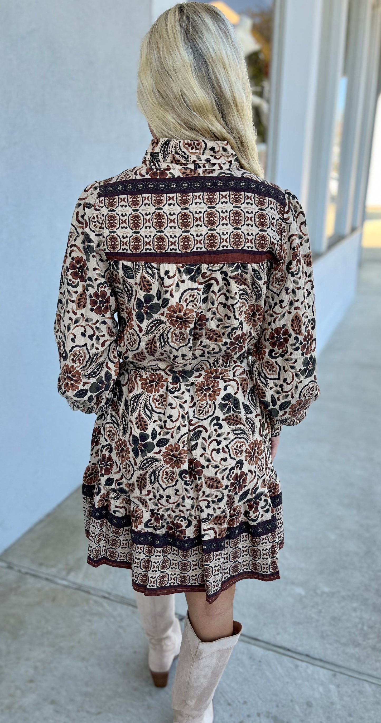Cream Brown Tiered Pintuck Neckband Dress