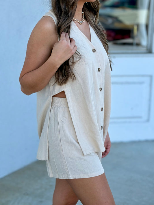 Natural Button Up Tank Top and Short SET
