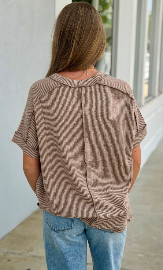 Raised Rib Cuff Sleeve Round Neck Tee, Cocoa