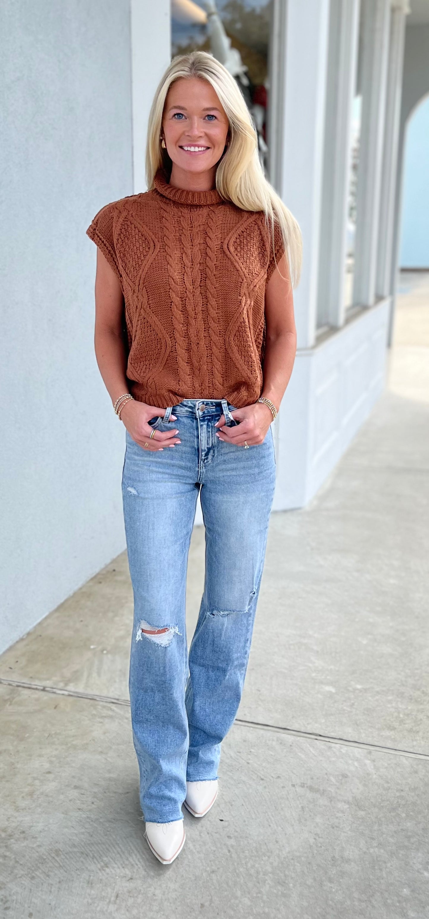 Caramel Sleeveless Mock Neck Cable Sweater