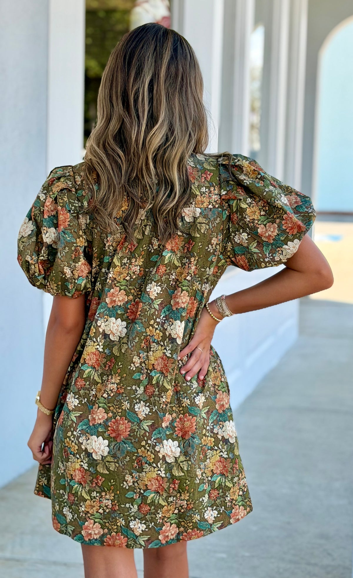 Olive Floral Print Ruffle Collar Dress