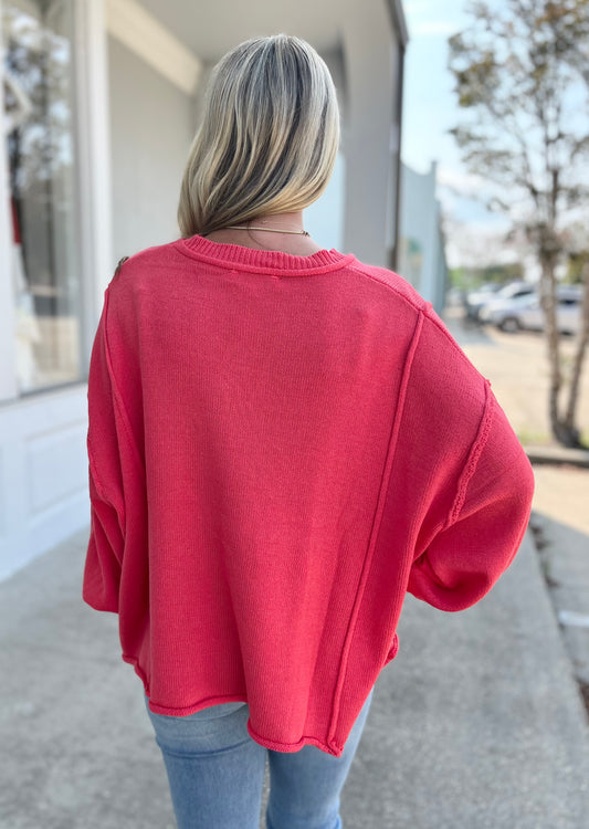 Red Coral Over Size Sweater With Pocket