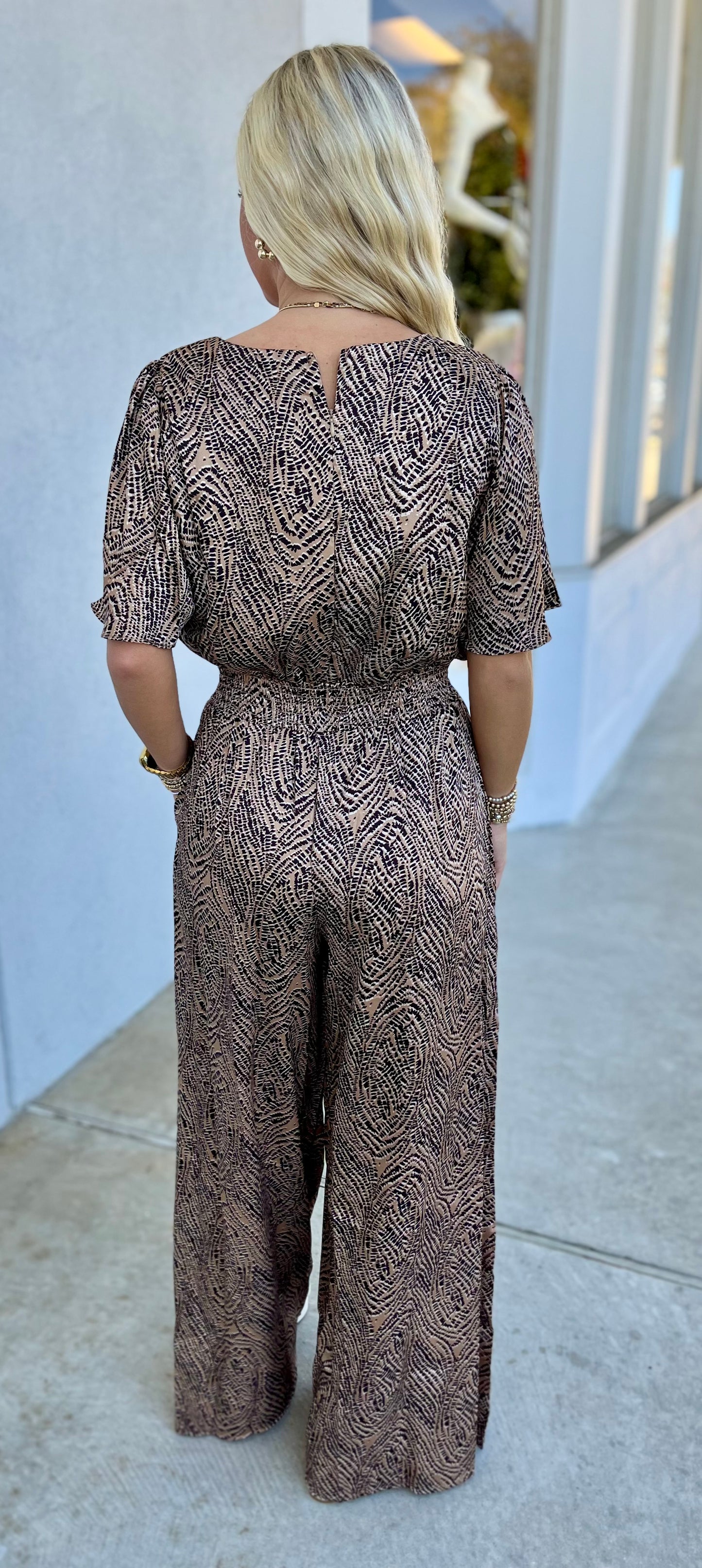 Flounce Sleeve Smock Waist Printed Jumpsuit