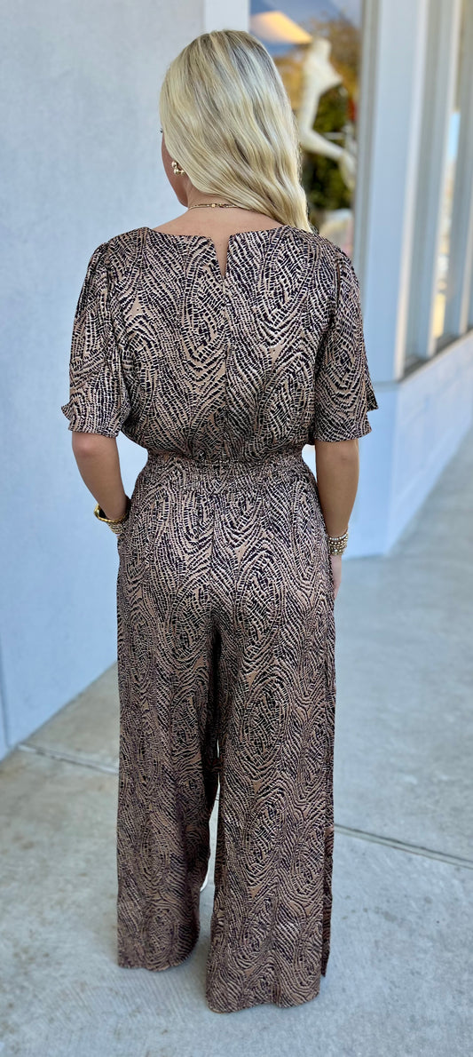 Flounce Sleeve Smock Waist Printed Jumpsuit