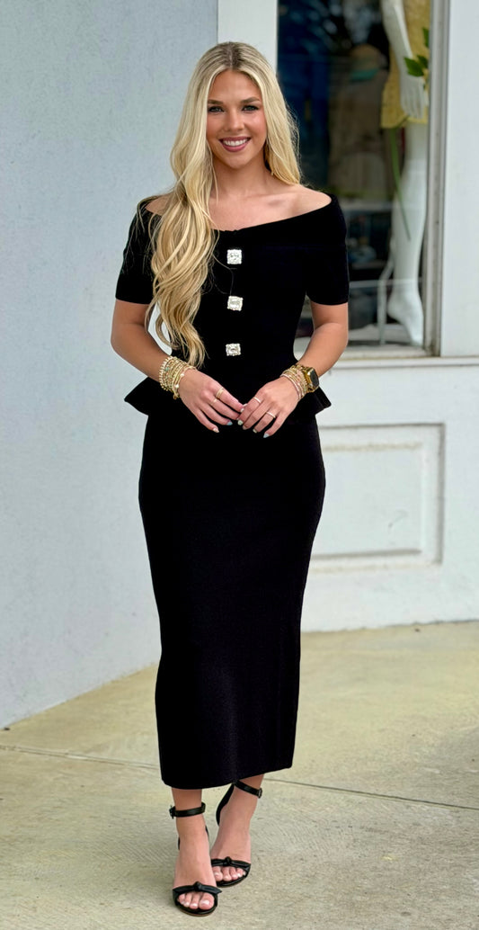 Black Off The Shoulder Knit Top and Midi Skirt SET