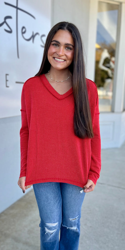 Corded Rib Long Sleeve V Neck Top, Ruby