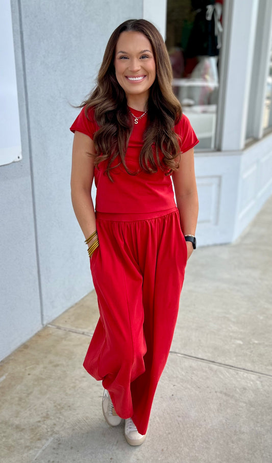 Red Mineral Washed Wide Leg Pant