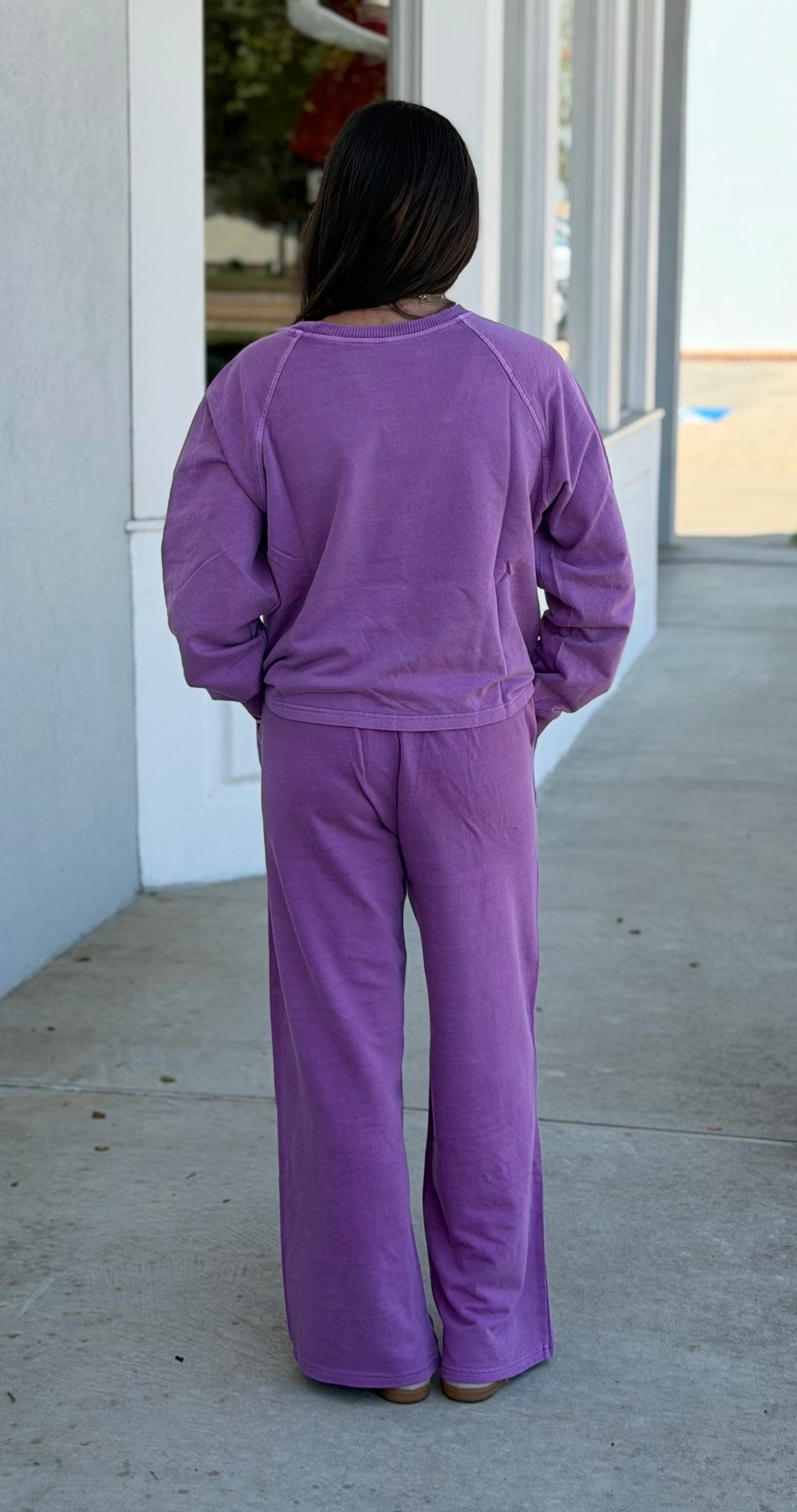 Washed F/Terry Round Neck Pullover & Pants SET, Lt Plum