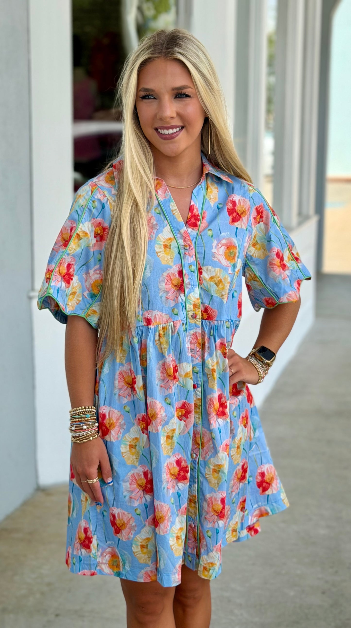 Lt Blue Floral Button Front Babydoll Dress