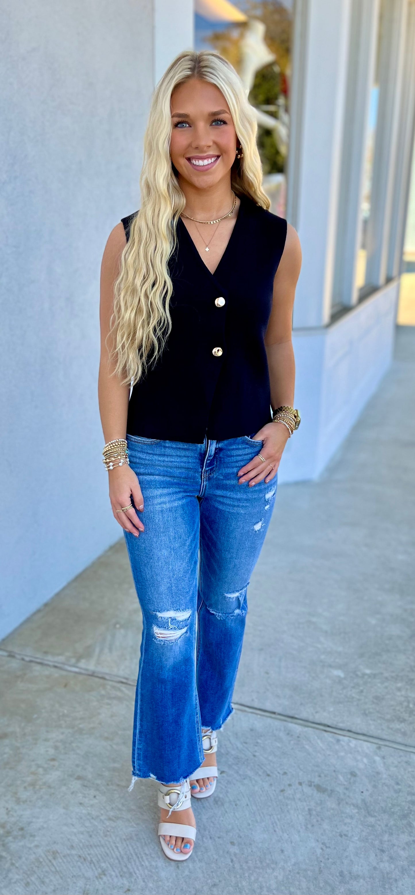 Sleeveless Gold Button Knit Sweater Vest, Black