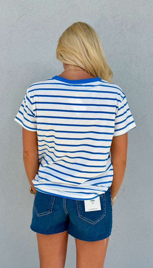 Striped V Neck Tee , Ocean Blue