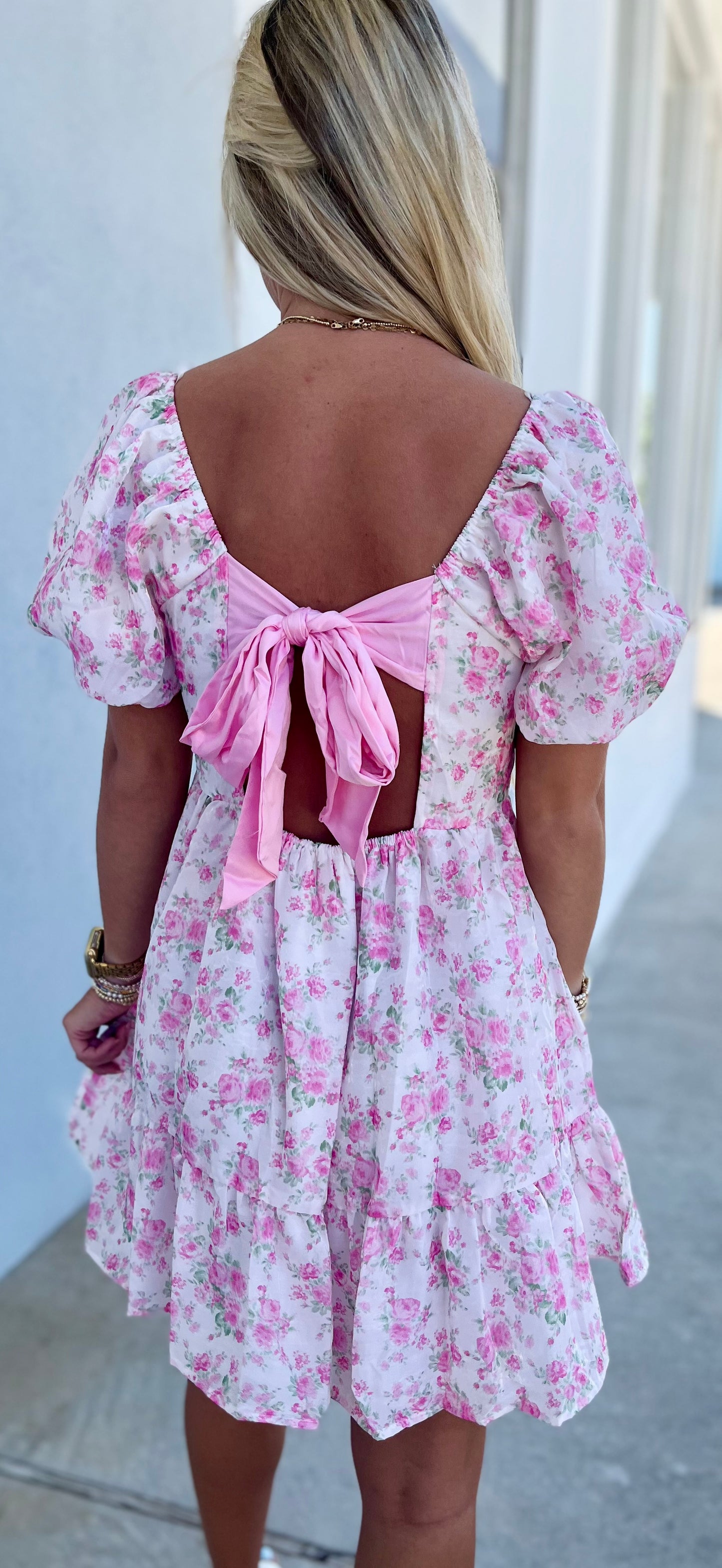 Pink Square Neck w/Bubble Sleeve Mini Dress