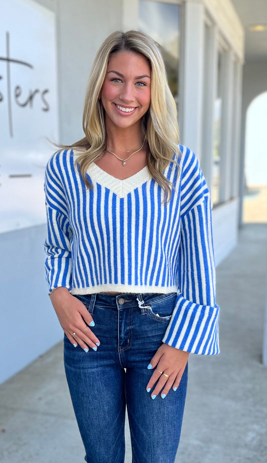 Blue Striped V Neck Cropped Sweater