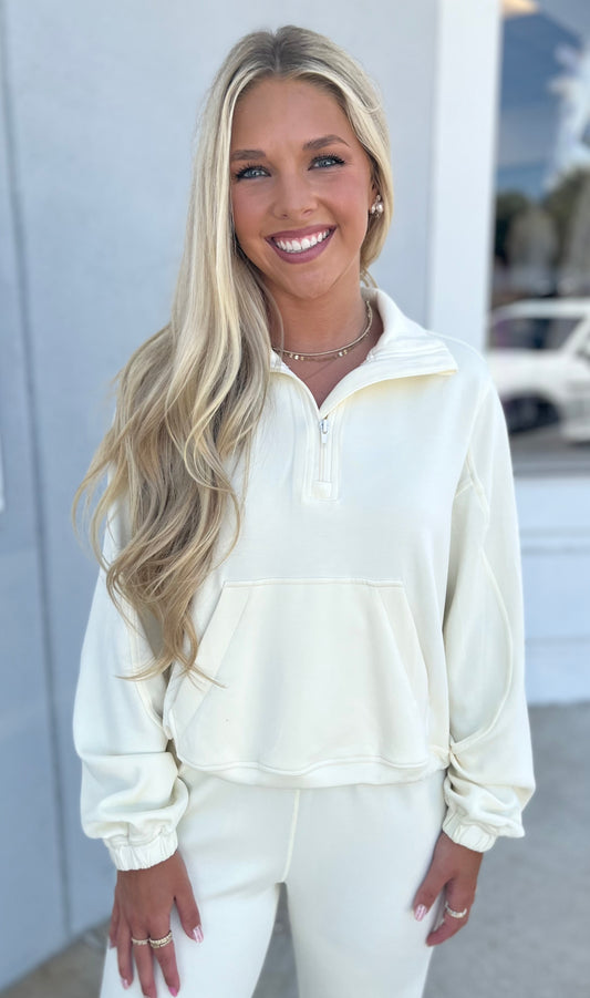 Cream Mock Neck Half Zip Sweatshirt