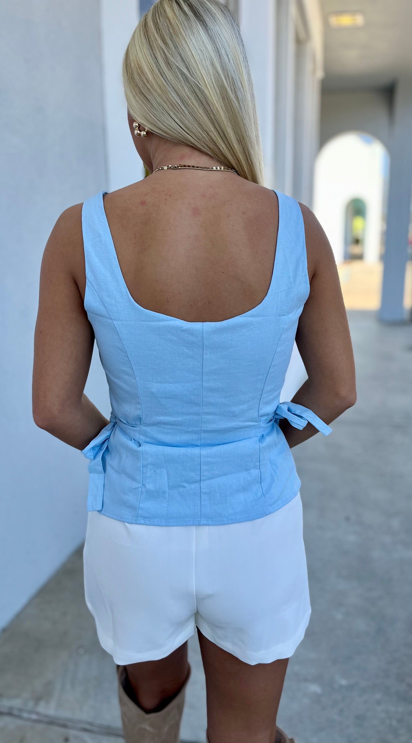 Baby Blue Square Neck Self Tie Sleeveless Top