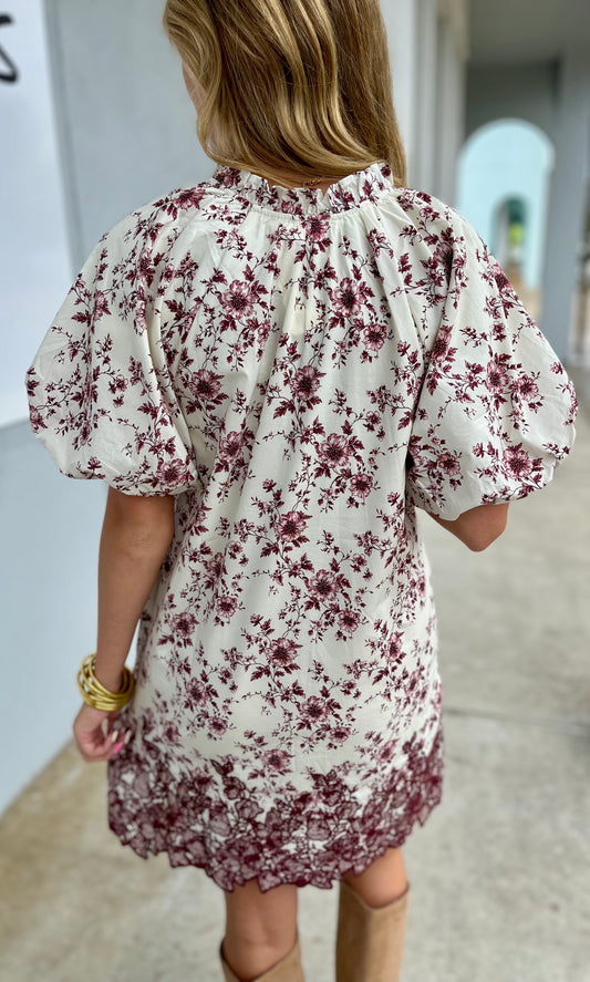 Burgundy Bubble Sleeve Embroidered Hem Dress