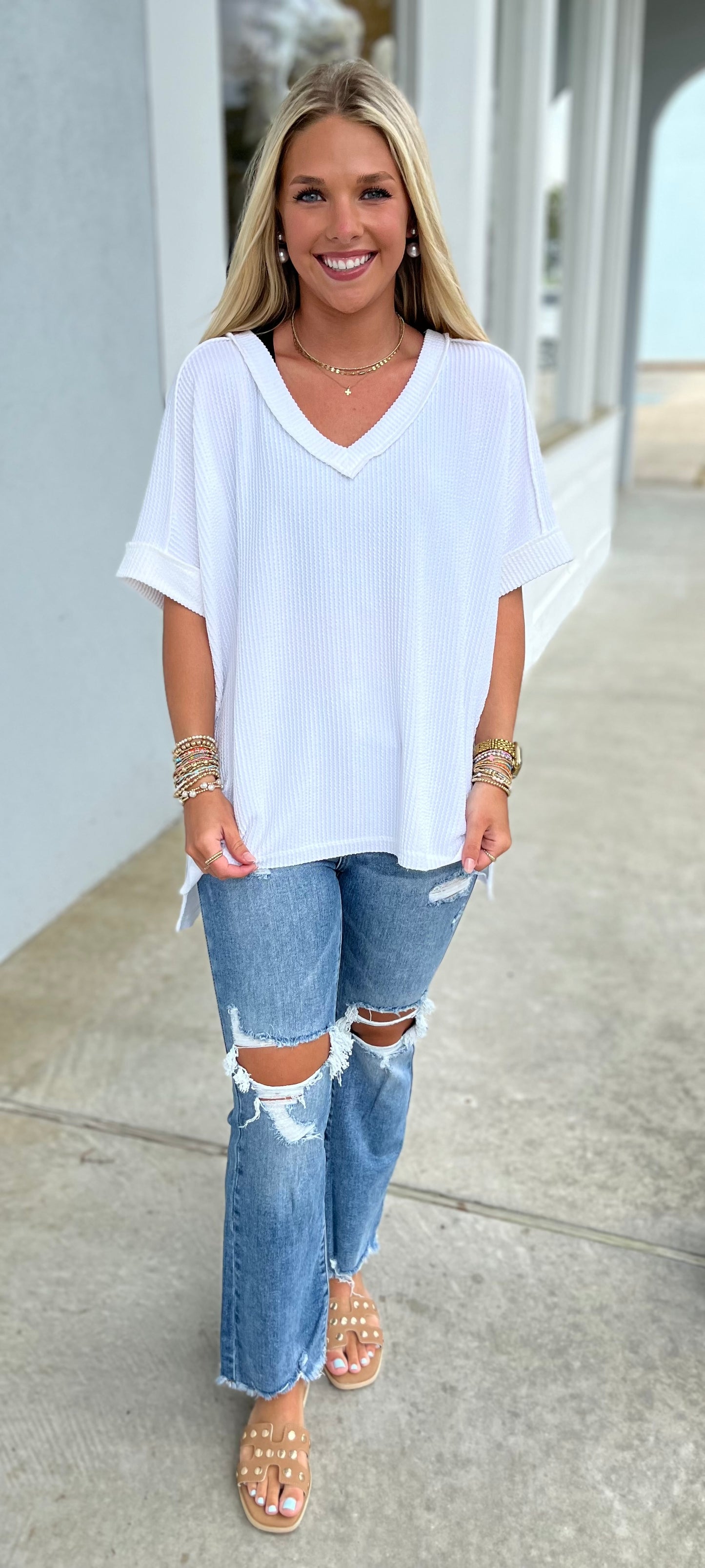 Off White Corded Rib V Neck Tee