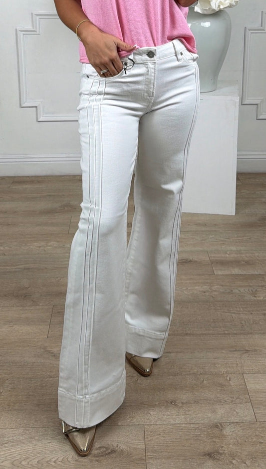 White Denim Pintuck Mid Rise Flare