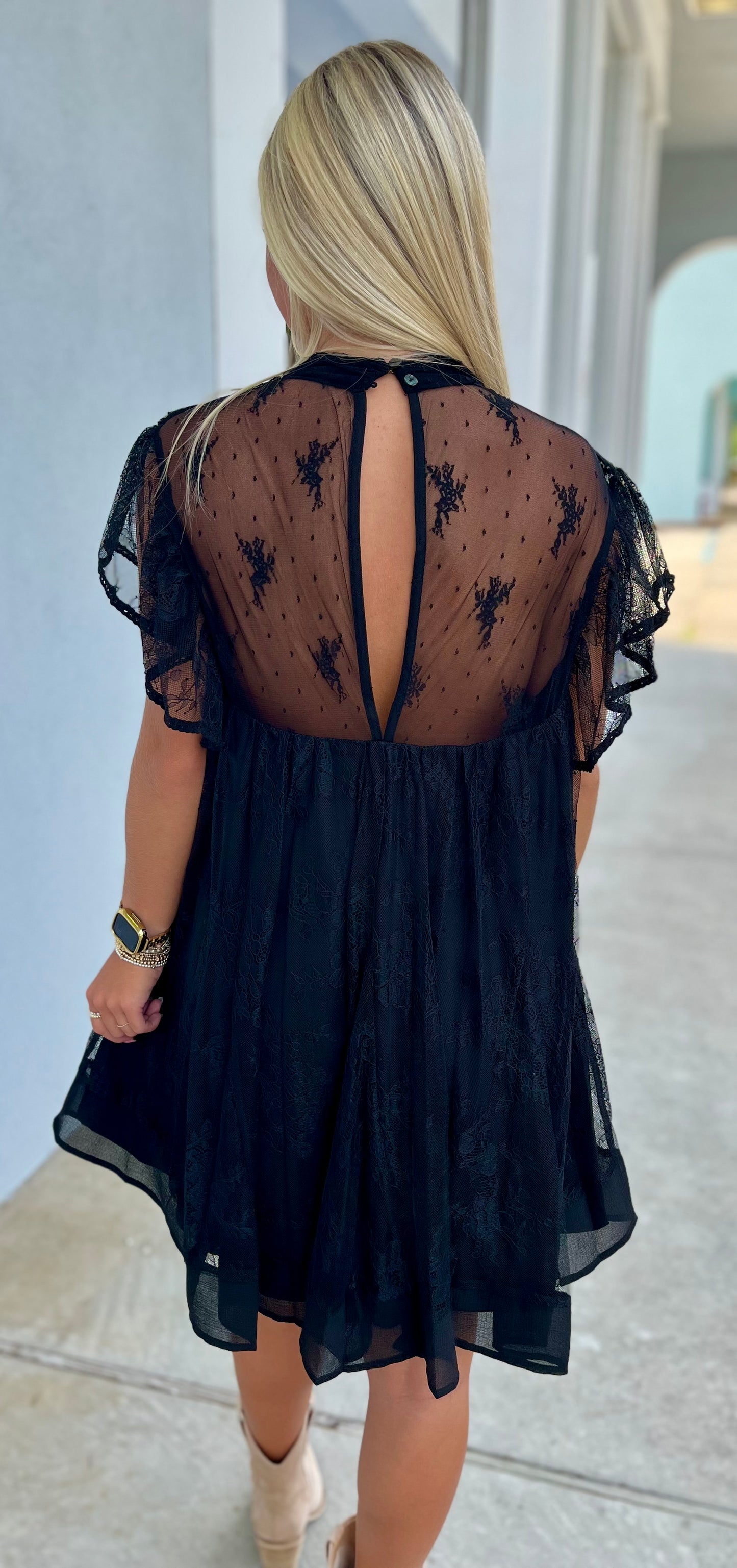 Black Lace Flutter Sleeve Mock Neck Dress