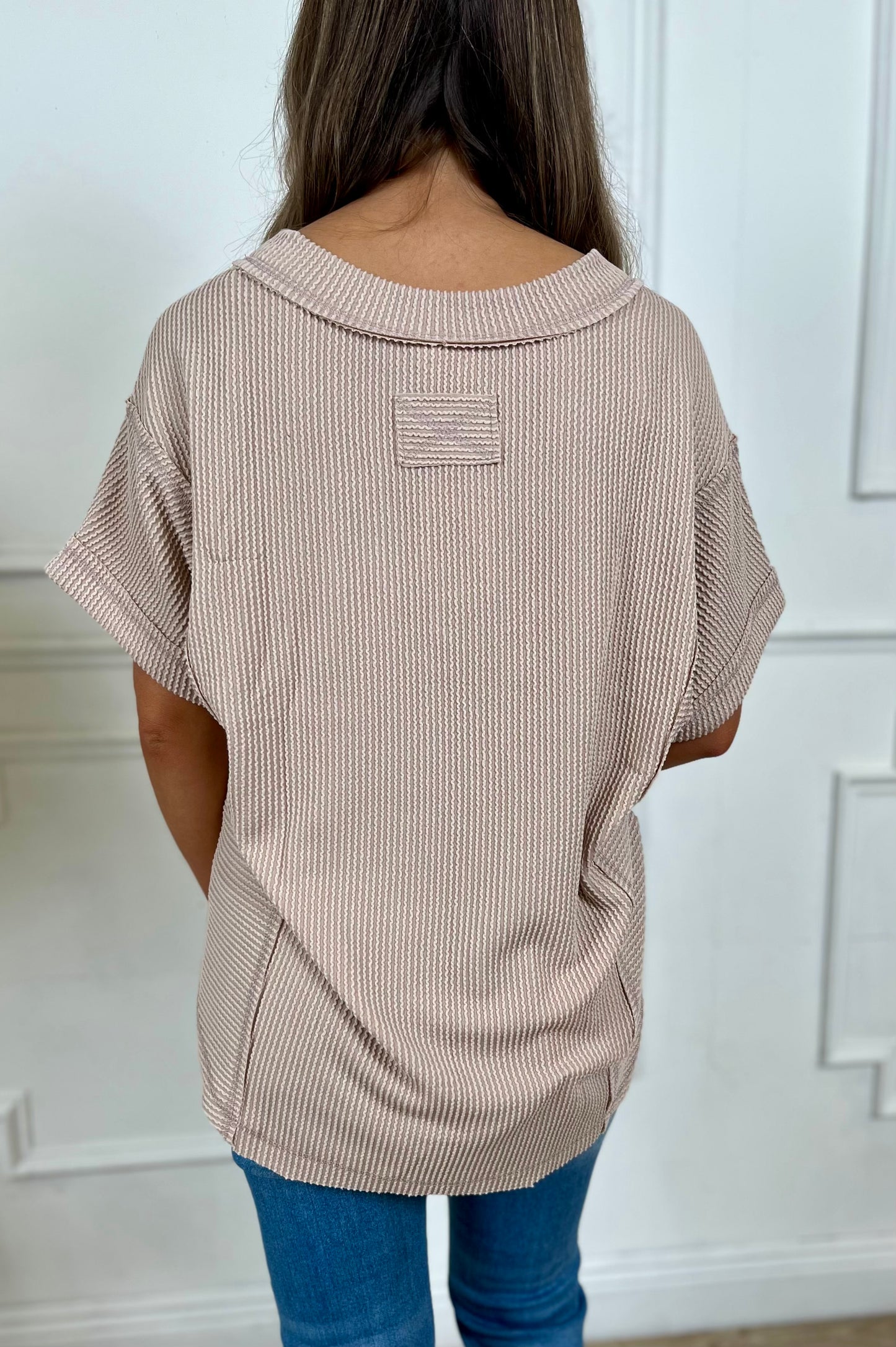 Ribbed V Neck Knit Tee, Oat