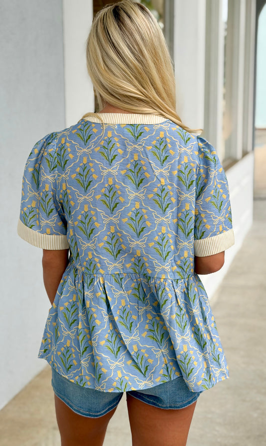 Dusty Blue/Taupe Printed Woven Top