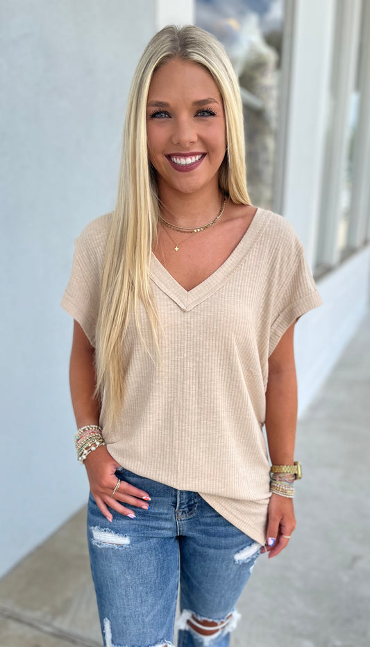 V Neck Short Sleeve Solid Basic Top, Latte