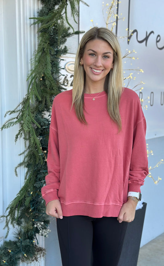 French Terry Wash Pullover, Ruby