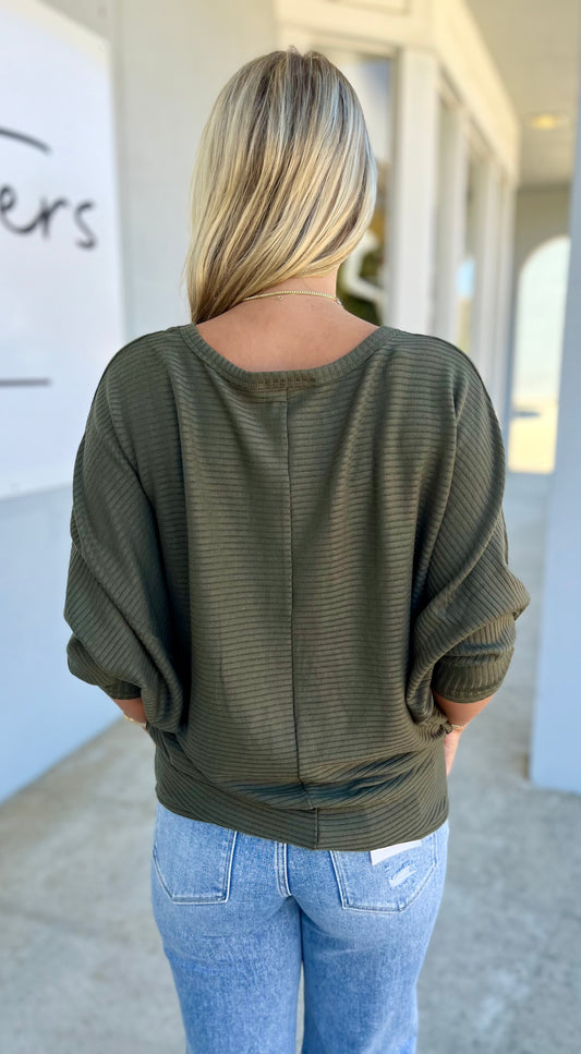 Ribbed Batwing Boat Neck Sweater, Dk Olive