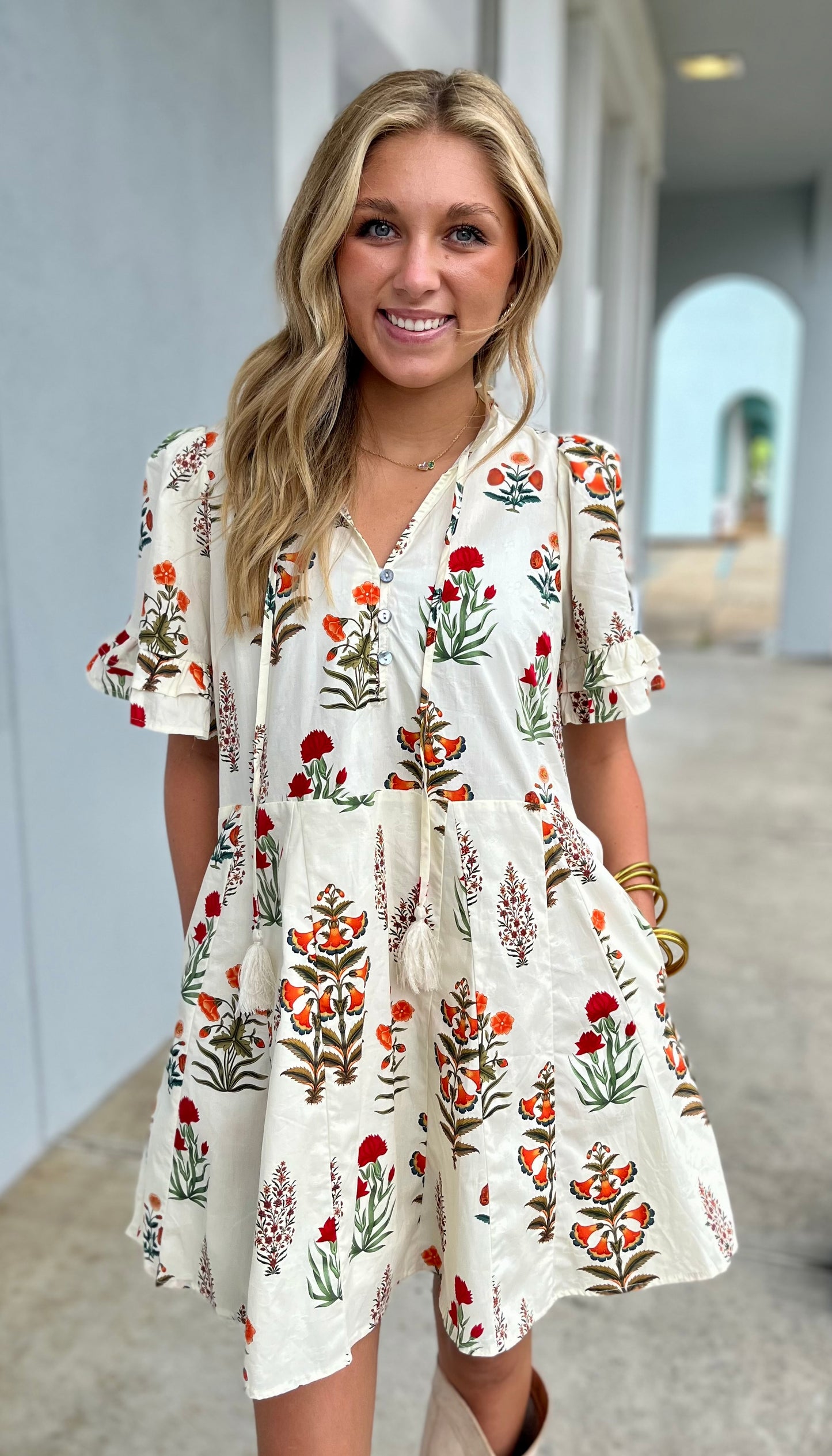 Cream Floral Dress With Buttons