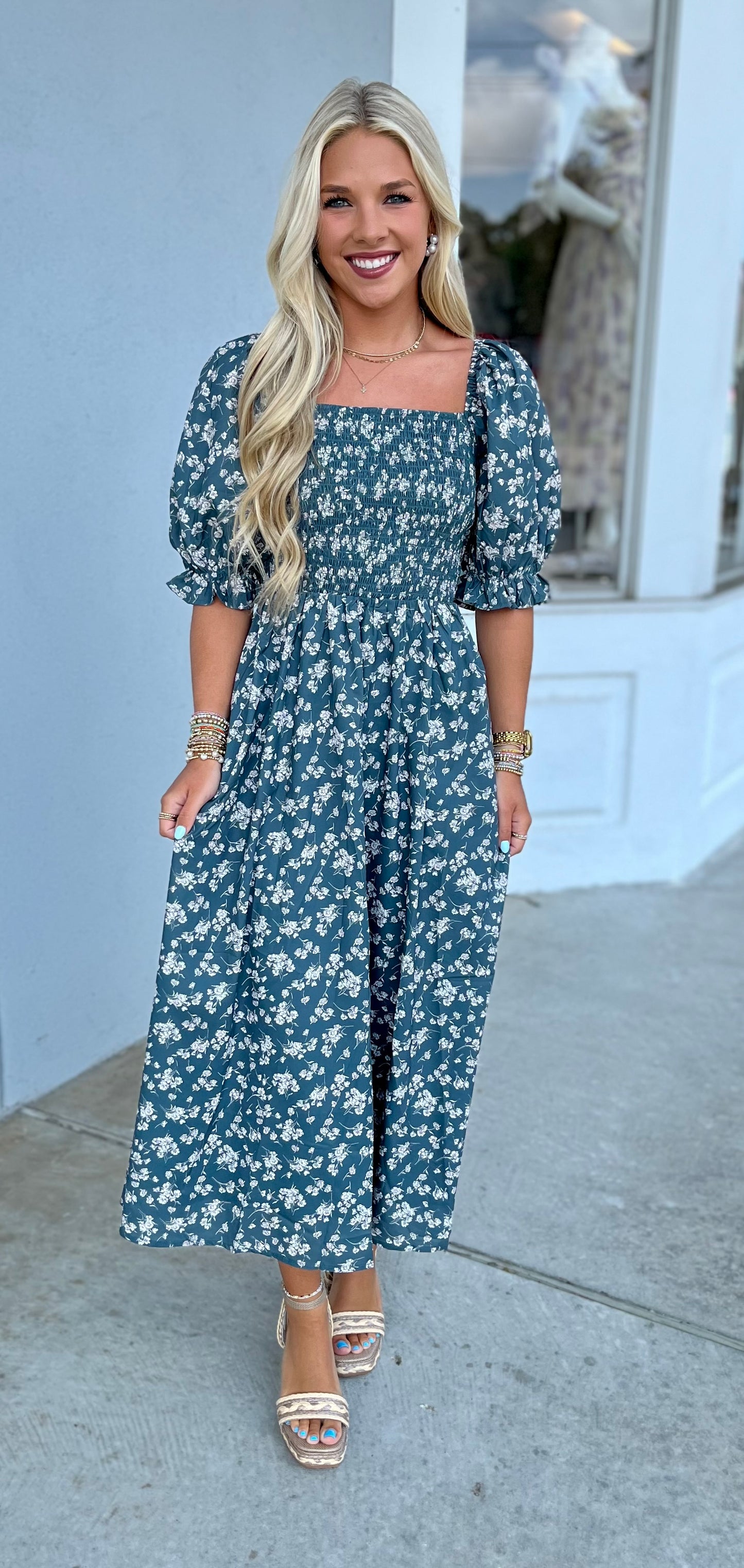 Green/Cream Floral Puff Sleeve Midi Dress