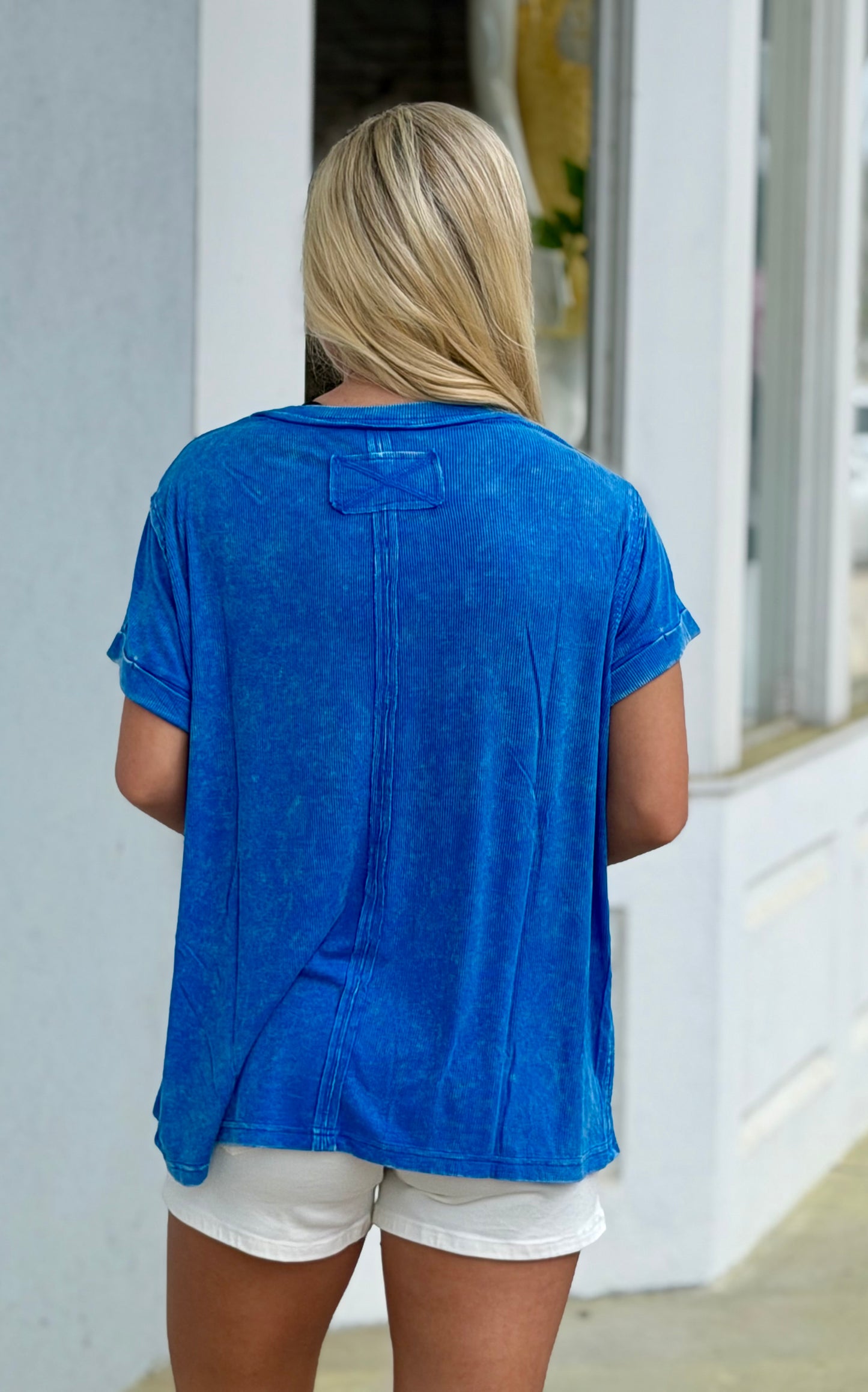 Washed Ribbed Cuffed Round Neck Tee, Ocean Blue