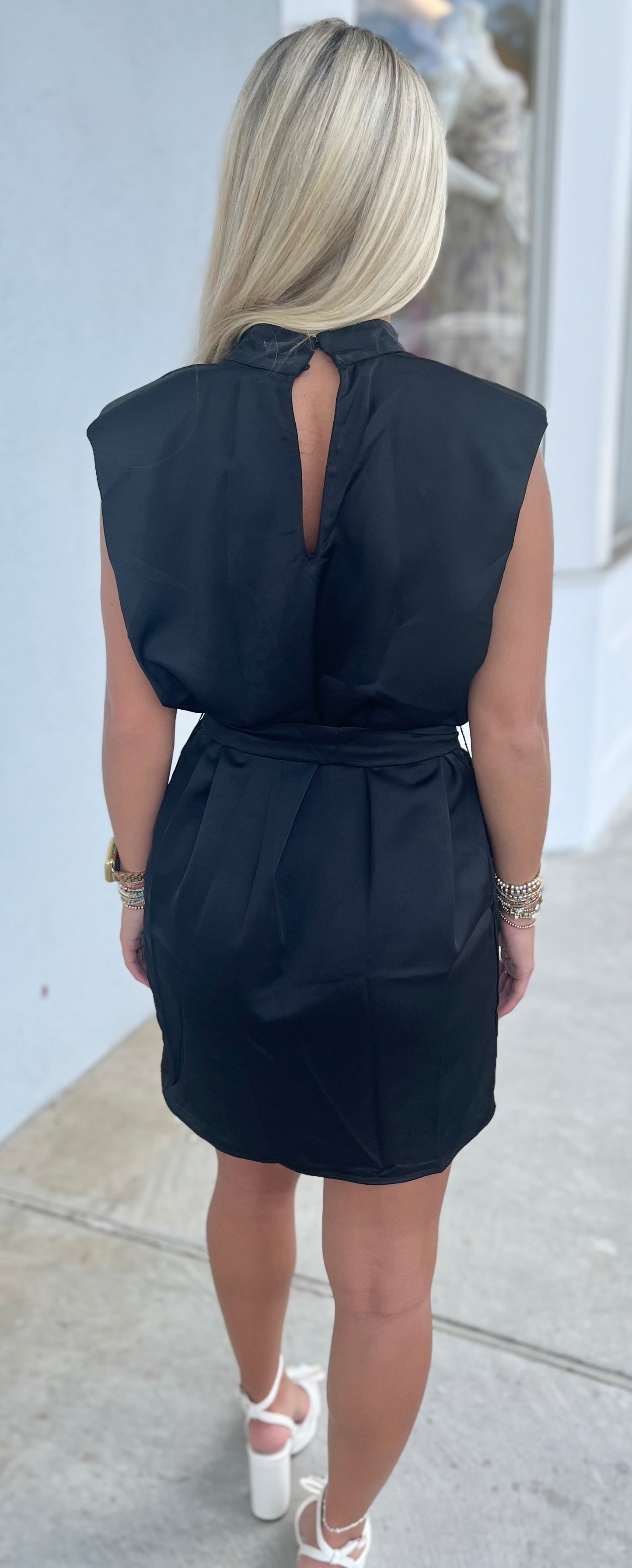 Black Mock Neck Shoulder Pad Satin Dress