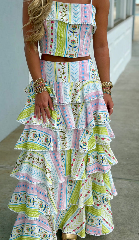 Floral Print Tiered Maxi Skirt & Tank SET