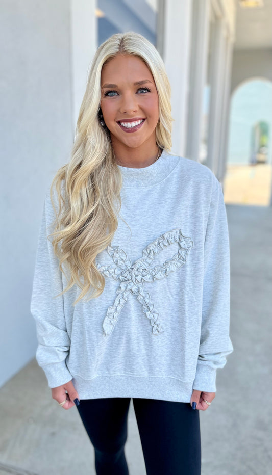 Mock Neck Sweatshirt W Ruffle Bow, H. Grey