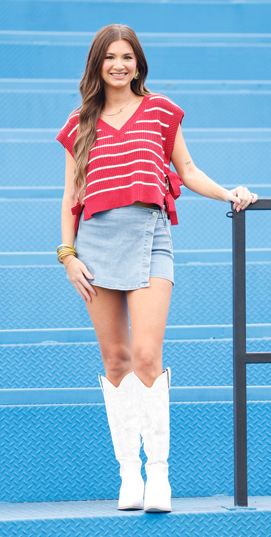 Striped Side Tie Sweater Vest, Crimson/White