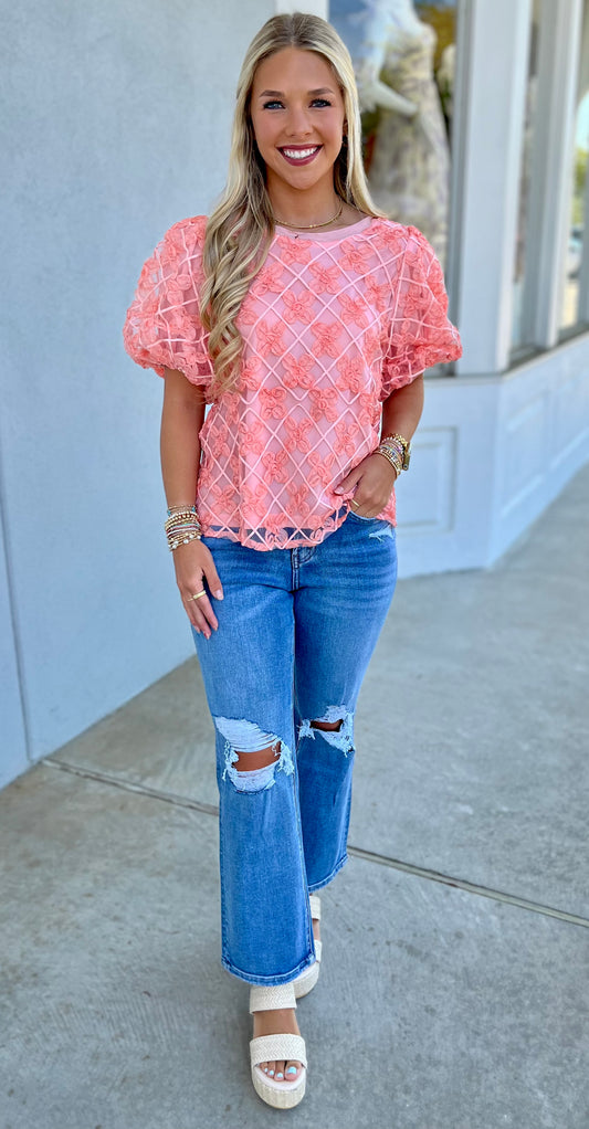 Pink 3D Embroidered Bubble Sleeve Top